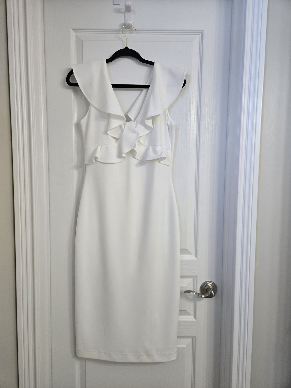 ANTONIO MELANI White Ruffle Midi Sheath Dress